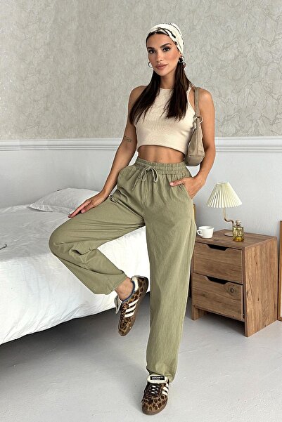 Behind Look High Waist Lace-Up 100% Cotton Comfortable Fit Light Green Straight Leg Women's Trousers