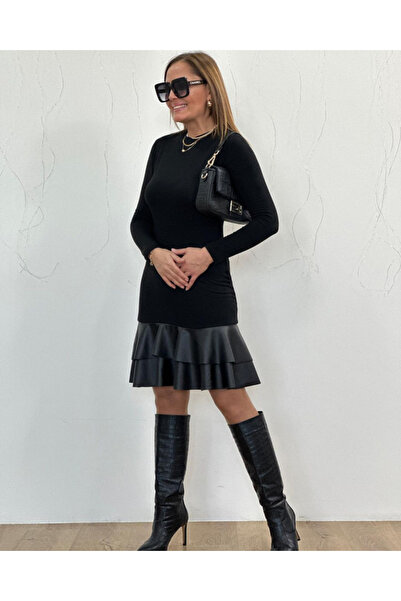 My Reality Fashion    Women's Long Sleeve Crew Neck Top Viscose Hem Leather Short Dress