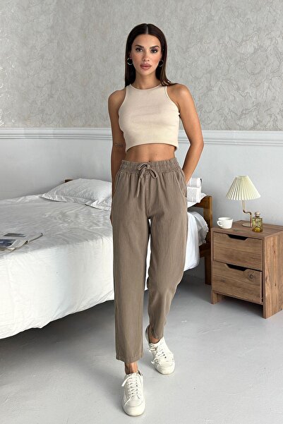 Behind Look Gabardine 100% Cotton Comfortable Fit Mink High Waist Straight Leg Women's Trousers
