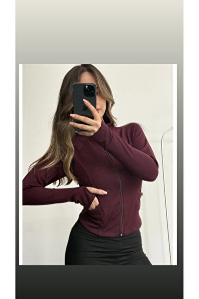 DMR Bordo Vücuda Oturan Fermuarlı Dik Yaka Spor Ceket -Parmak Geçirme Detaylı Cepli Vücudu Saran Ceket