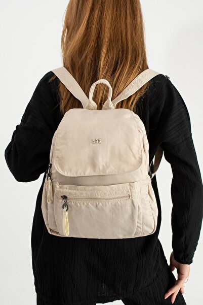 571 Collections Çanta Soft Textured Ultra-Lightweight, Flexible and Waterproof Polyamide Fabric Backpack Beige Model: (571-13-14B)