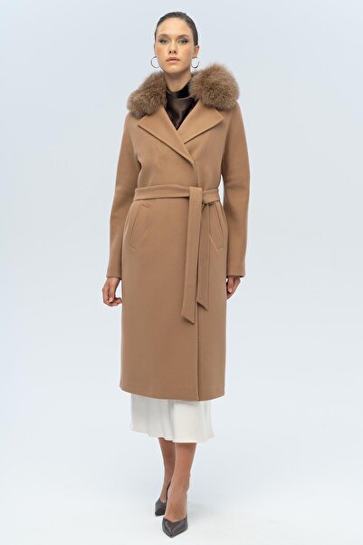Olcay Batwing Sleeve Detachable Fur Punto Stitching Detailed Cashmere Coat Kamel 3120-Tk