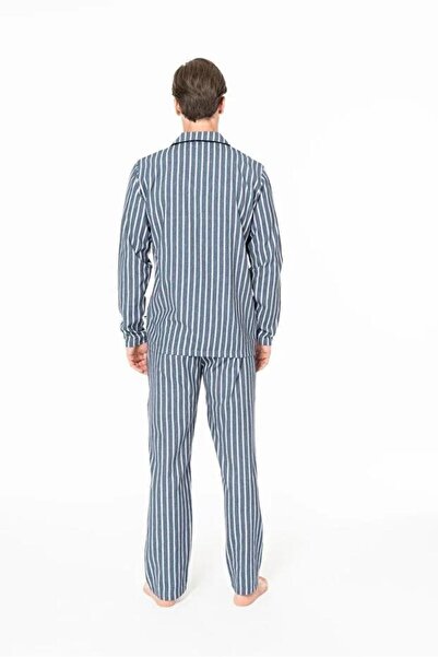 U.S. Polo Assn. Erkek Lacivert Renk Düğmeli Yaka Uzun Kollu Düz Paça Çizgili Önden Düğmeli Pijama Takımı C8T7N981