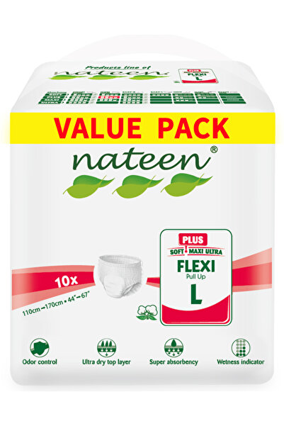 Nateen حفاضات فليكسي بلس للكبار، مقاس كبير، مقاس خصر 110-170 سم، 20 قطعة. امتصاص فائق.