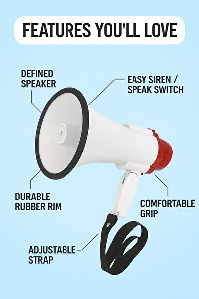 DLC مكبر صوت باور ميجافون بقوة 20 وات مع ميكروفون مدمج وجهاز إنذار وتسجيل لمدة 10 ثوانٍ (البطاريات غير متضمنة)