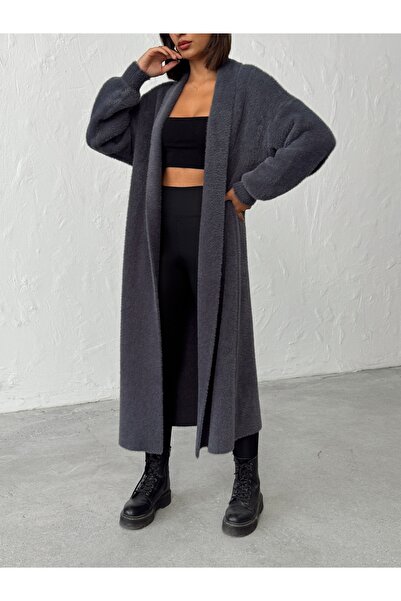 BEJNA Women's Anthracite Soft Textured Long Knit Cardigan