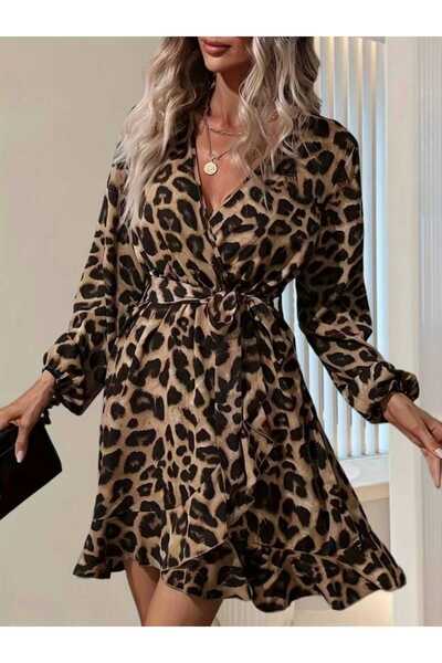 moda wanilia Γυναικείο μίνι φόρεμα με διπλό λαιμόκοψη, μακρυμάνικο, με λεπτομέρεια σταυρωτής κοπής με ζώνη στη μέση