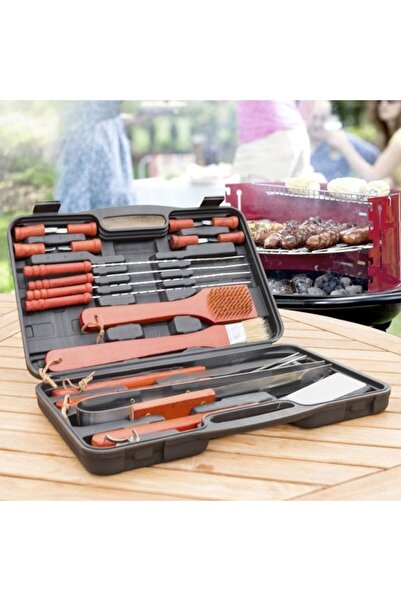 OEM Set de 18 ustensile pentru grătar, din oțel inoxidabil și lemn, cu geantă de transport
