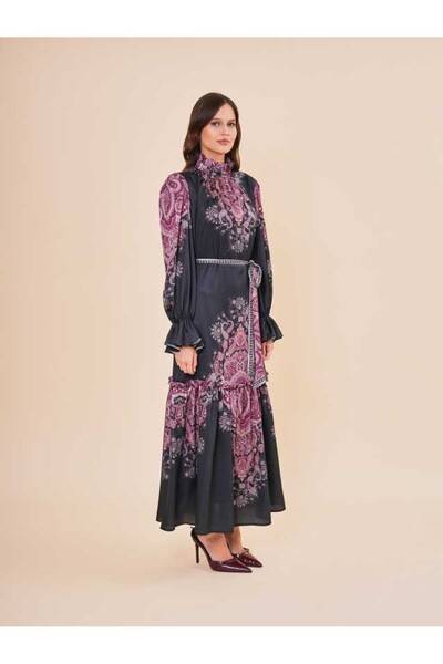 SERPİL Desenli Uzun Kollu Yüksek Yakalı Şık Kadın Elbise 50946