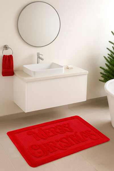Konfor Halı Doğal Kaymaz Taban Banyo Paspas Uzun Ömürlü Su Emici Yıkanabilir Yazılı Paspas Merry Kırmızı 60x100