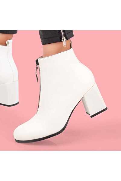 BMoD Ghete albe pentru femei, cu toc gros și fermoar MOD07086