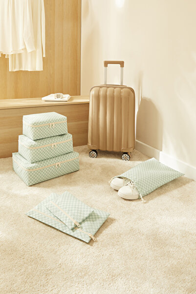 Ocean Home Textile 6'lı Mint Dama Yıkanabilir Pamuklu Valiz Düzenleyici Bavul İçi Organizer Set, Seyahat Hurcu