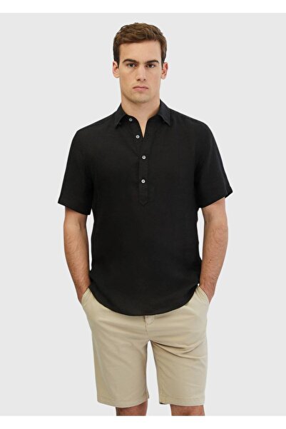 Ramsey Black Plain Casual Fit Woven Casual 100% Linen Shirt
