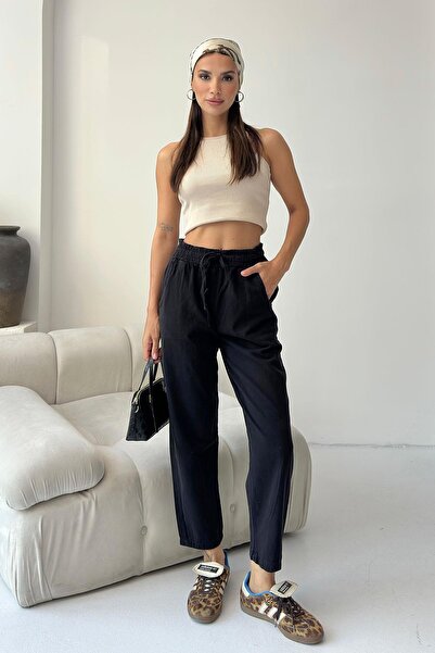 Behind Look Gabardine 100% Cotton Comfortable Fit Black High Waist Straight Leg Women's Trousers