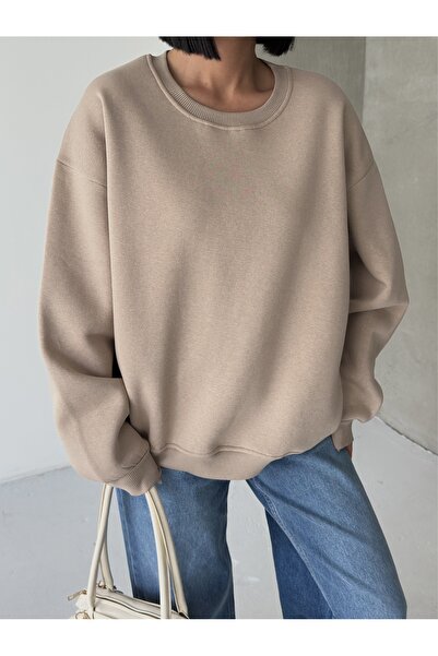 BEJNA Γυναικείο μπλουζάκι με φαρδιά εφαρμογή σε μπεζ χρώμα με λαιμόκοψη ποδηλάτου