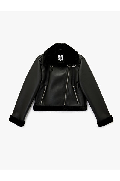 Koton Μακρυμάνικο μπουφάν εφέ δέρματος με γιακά από ψεύτικη γούνα