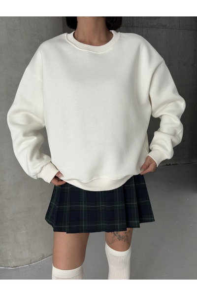 BEJNA Women's Ecru Loose Fit Crew Neck Basic Sweatshirt