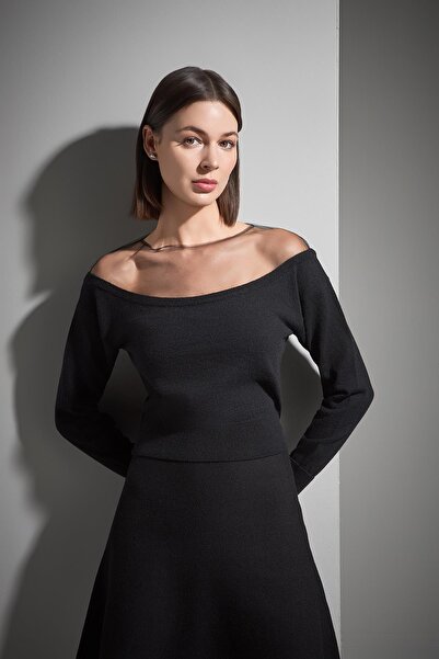 JOIN US Transparan Tül Detaylı Siyah Triko Kazak