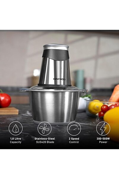 Daewoo Food Chopper – Mini Food Processor with 1.8L BPA Free Glass Mixing Bowl, 500W Motor Dual Sp
