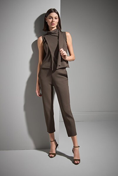 JOIN US Şal Yaka Kolsuz Kahverengi Triko Bluz