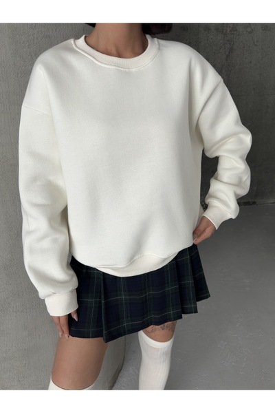 BEJNA Women's Ecru Loose Fit Crew Neck Basic Sweatshirt