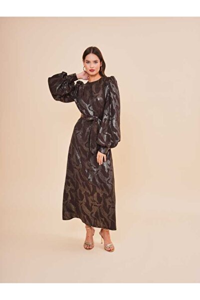 SERPİL Desenli Uzun Kollu Kuşaklı Şık Kadın Elbise 50926