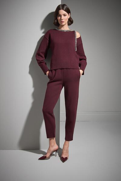 JOIN US Striped Stone Embroidered Burgundy Knitwear Sweater with Window Detail