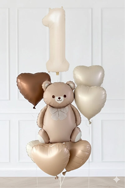 Baloniva 1 Yaş Retro Kalp ve Ayı Temalı Doğum Günü Balon Seti 1 Yaş Rakam