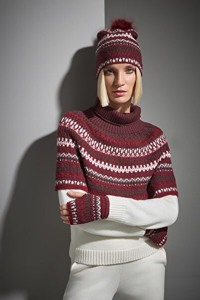 JOIN US Desenli Ponponlu Bordo Triko Bere