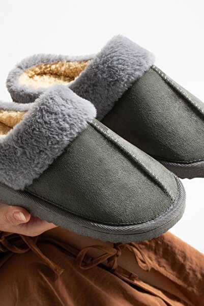 FUGA MODA Mabes Gray Suede Fur Collar Semi-Closed Silent Sole House Slippers