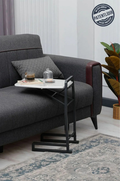 METALİUM Lium Serisi 1 Adet Beyaz Mermer Desen Katlanabilir MDF C Sehpa Yan S...