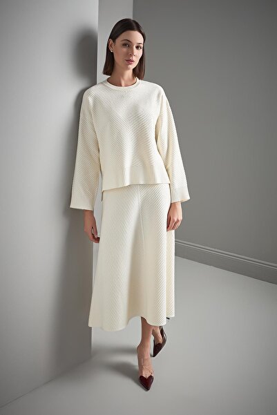 JOIN US Crew Neck Verev Patterned Ecru Knitwear Sweater