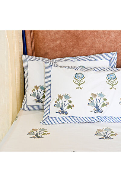 SARAS LABEL Heritage Block Print 100% Cotton Percale Bedsheet with 2 Pillowcases