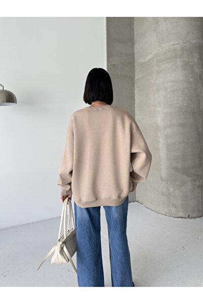 BEJNA Γυναικείο μπλουζάκι με φαρδιά εφαρμογή σε μπεζ χρώμα με λαιμόκοψη ποδηλάτου