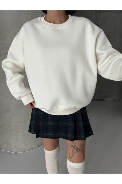 BEJNA Women's Ecru Loose Fit Crew Neck Basic Sweatshirt