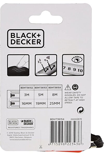 Black&Decker Black & Decker 8x25mm Bimaterial Short Measuring Tape, Orange/Black - BDHT36154, 2 Years Warranty