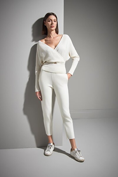 JOIN US Triko Kemerli Kruvaze Yaka Ekru Triko Kazak