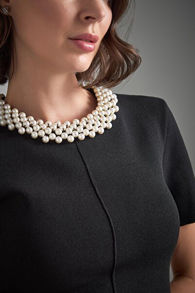 JOIN US Handcrafted Pearl Frilled Black Knitwear Dress