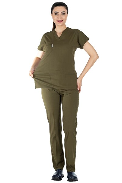 Alsancak Üniforma Khaki Green Lycra Thin Fabric Scrubs Doctor Nurse Uniform Bat Sleeve Surgical Suit