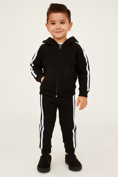 Bubito Side Striped Zippered Hooded Sports 2-Piece Baby Bottom and Top Set-Black