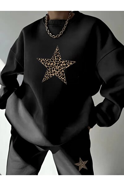 FUFLUNS طقم بدلة رياضية للجنسين بطباعة نجمة الفهد وياقة دائرية كبيرة الحجم