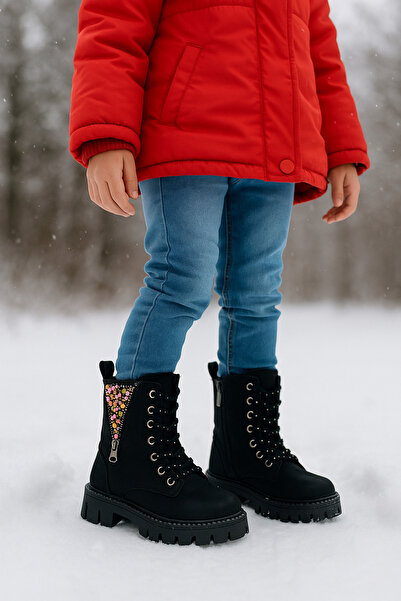 DB Çocuk Siyah Fermuar Detaylı Fermuarlı Bağcıklı Bot