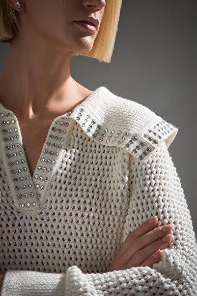 JOIN US Stone Printed Wide Neck Ecru Knitwear Sweater