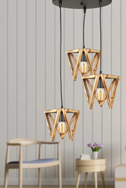 Begüsa Üçgen 3.Lü Ahşap Avize