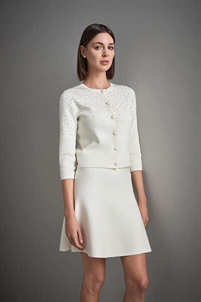 JOIN US Bisiklet Yaka Taş Baskılı Ekru Triko Hırka