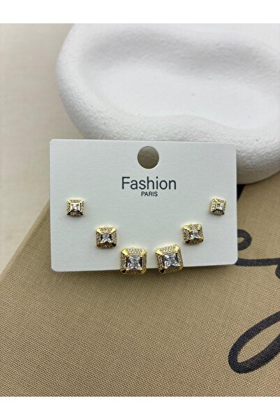 Hedef Bijuteri Zirkon Taşlı Gold Renk 6'lı Kare Model Küpe Seti