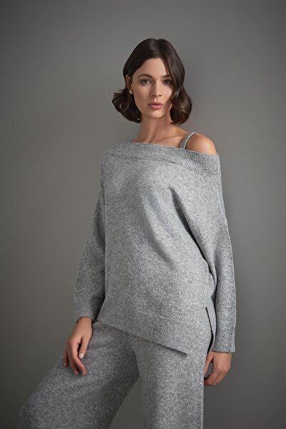 JOIN US Pul ve Sim Detaylı Kayık Yaka Gri Triko Kazak