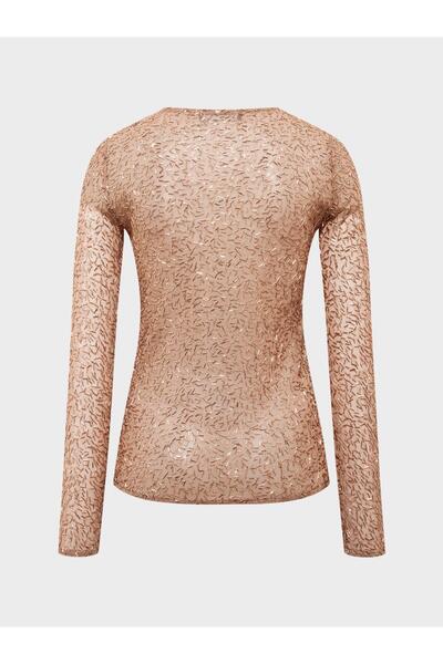 RİVUS Crew Neck Beaded Stone Detailed Long Sleeve Transparent Blouse - Copper