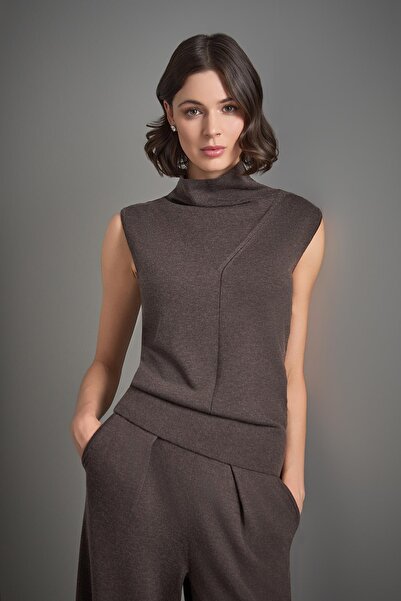 JOIN US Αμάνικη καφέ πλεκτή μπλούζα με πλεκτή λεπτομέρεια