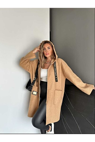 QİMYA BUTİK ROBIN Women's Hooded Bag Pocket Unlined Lightweight Boucle Eyebrow Oversize Coat